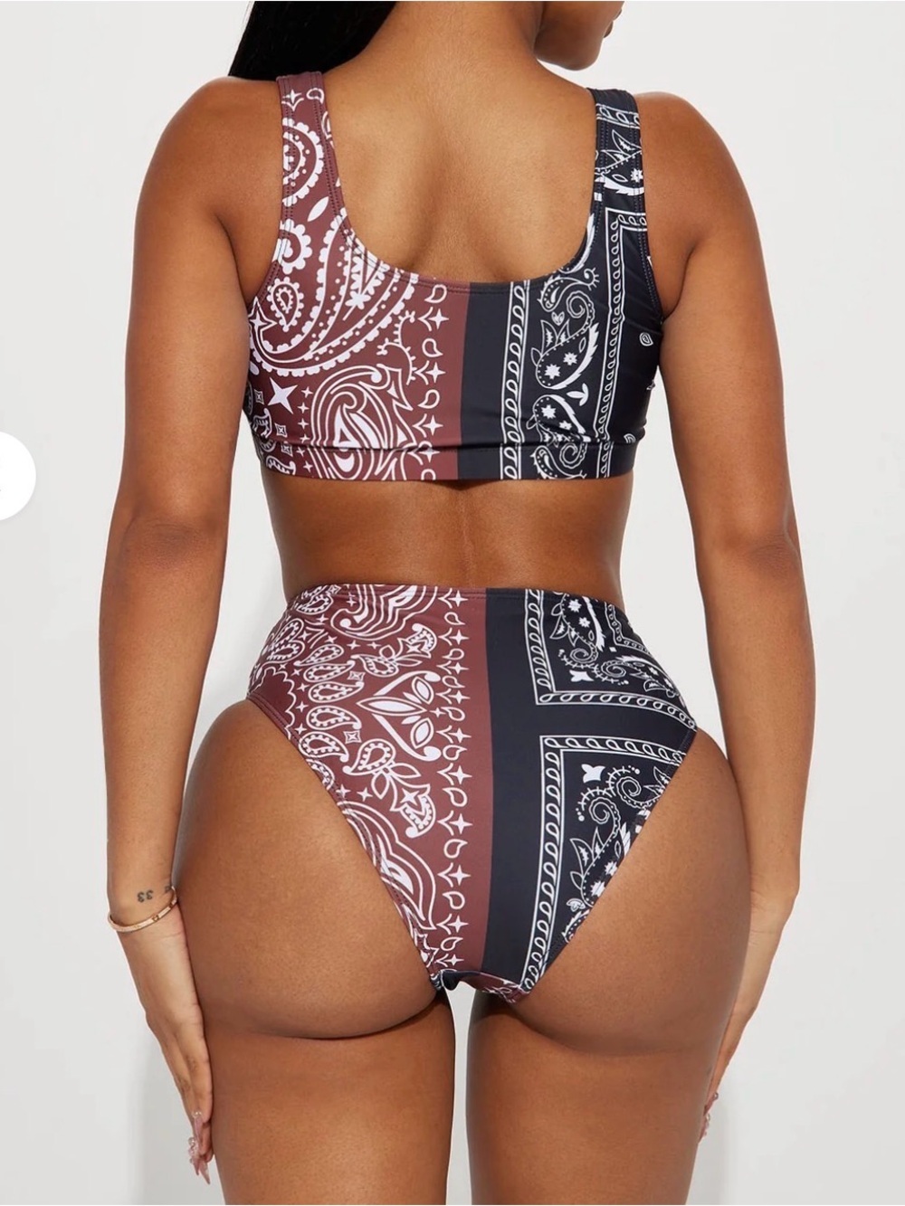 Fashion Nova Bandana Print High Waisted Bikini Set - Black & Brown - Picture 4 of 6